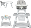 5-in-1 baby highchair in gray features adjustable height, 2-tier tray storage, and a detachable activity center for toddlers.