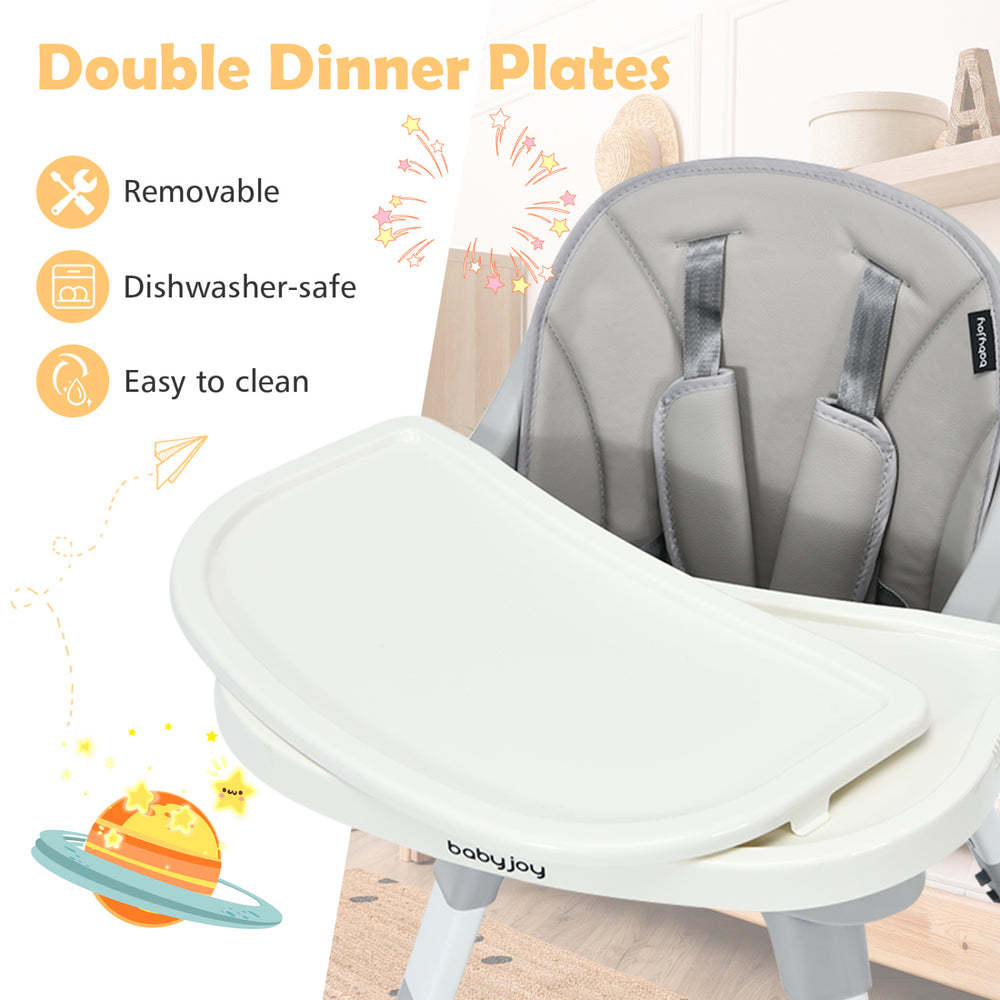 Double dinner plates of the 5-in-1 baby highchair, removable and dishwasher-safe for easy cleaning and convenience.