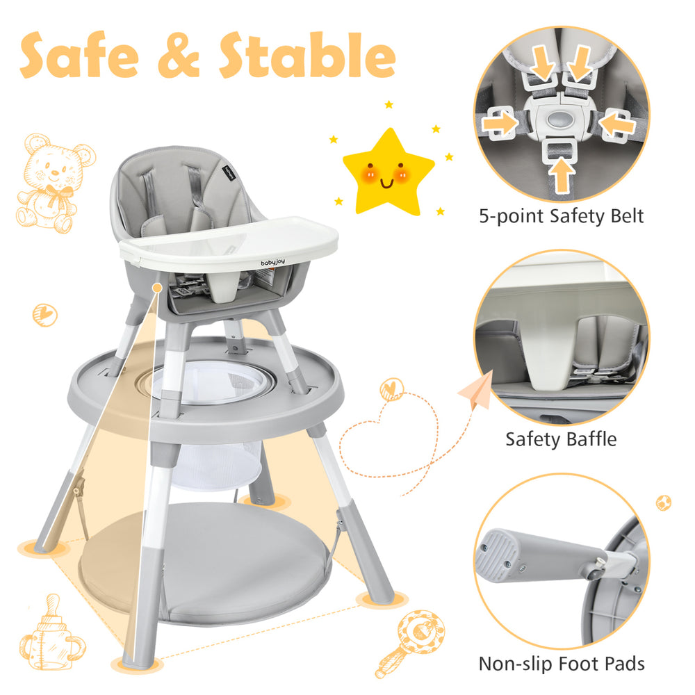 5-in-1 baby highchair in gray features a 5-point safety belt, height-adjustable legs, and a 2-tier tray storage basket.