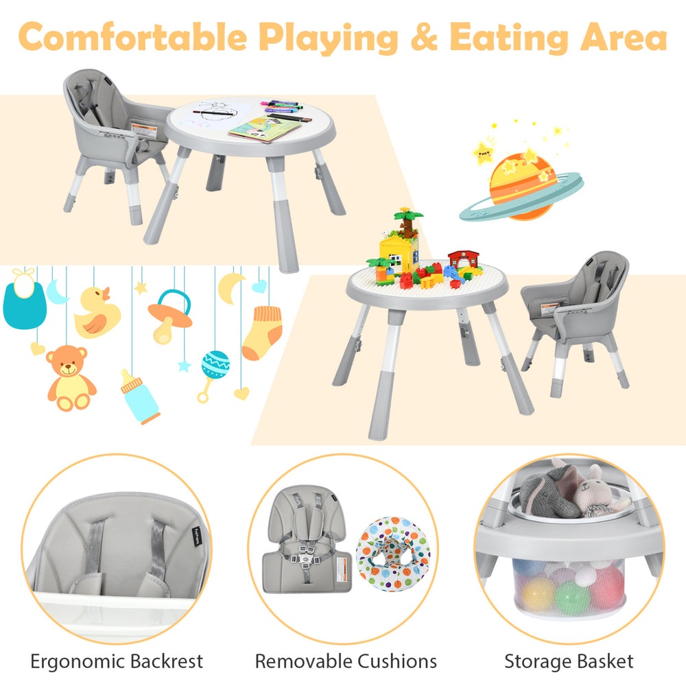 5-in-1 baby highchair in gray features a height-adjustable design, removable cushions, and a storage basket for convenience.