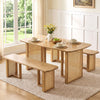Natural 55” solid rubber wood dining table set with 2 benches, featuring woven resin wicker details for a boho style.