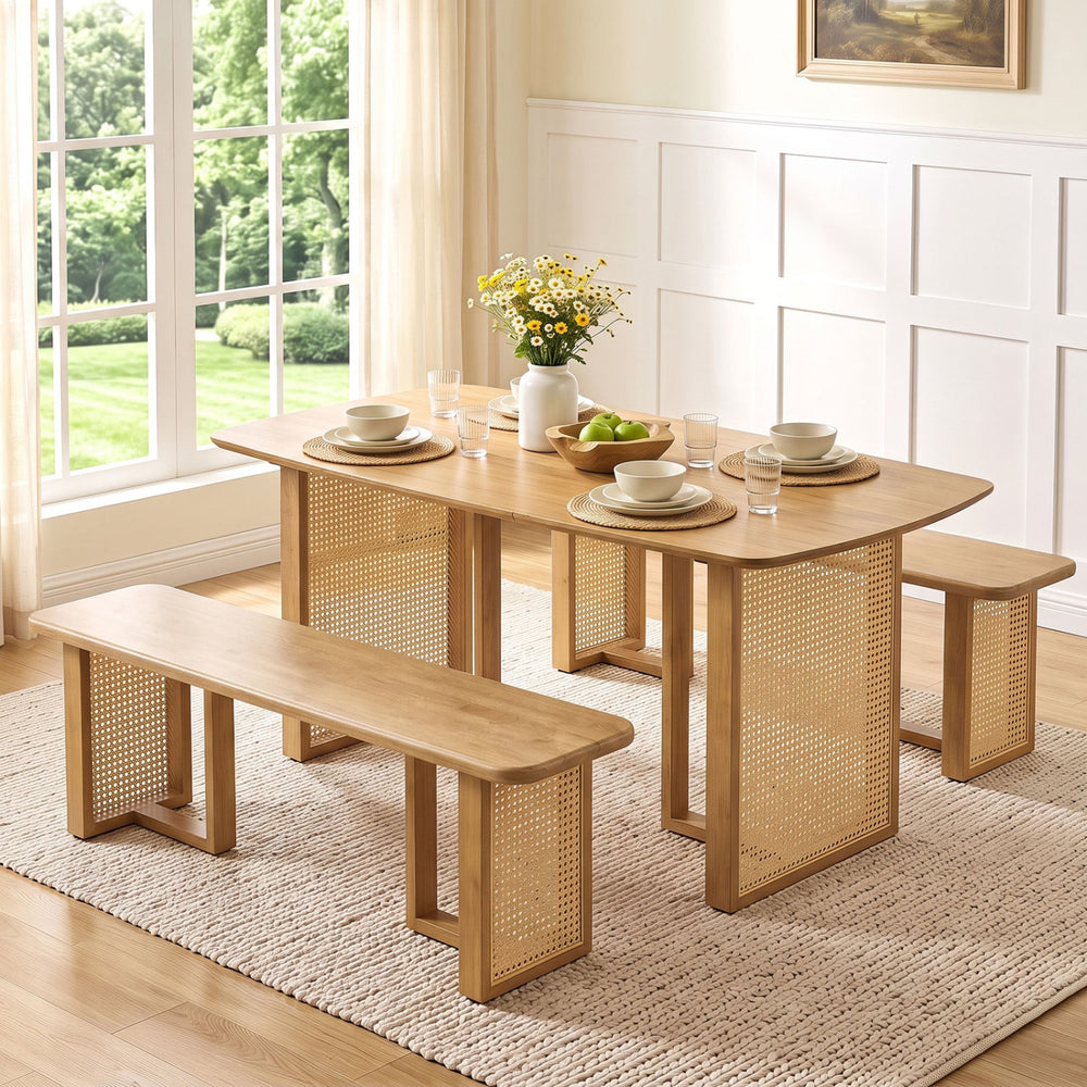 Natural 55” solid rubber wood dining table set with 2 benches, featuring woven resin wicker details for a boho style.