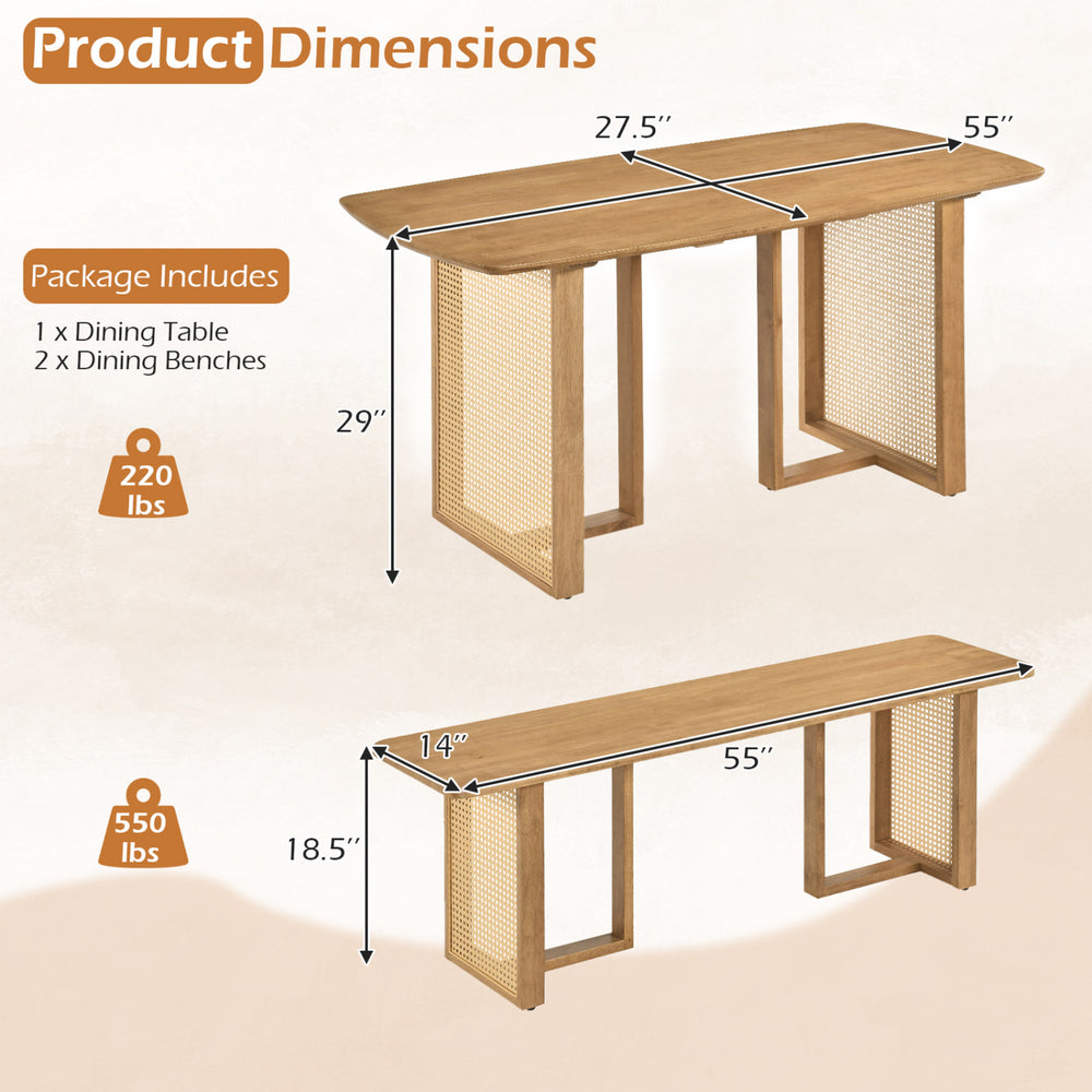Boho rectangular dining table set featuring a 55” solid rubber wood table and two benches, ideal for seating four.