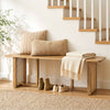 Natural 55” solid rubber wood dining table set with two benches, featuring woven resin wicker details for a boho style.
