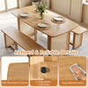 Natural 55” solid rubber wood dining table set with 2 benches, featuring rounded corners and woven resin wicker details.