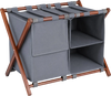 Bamboo luggage rack with grey compartments, featuring five nylon straps and two open shelves for guest room storage.