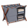 Bamboo luggage rack with 5 nylon straps and grey compartments, perfect for guest room storage and suitcase support.