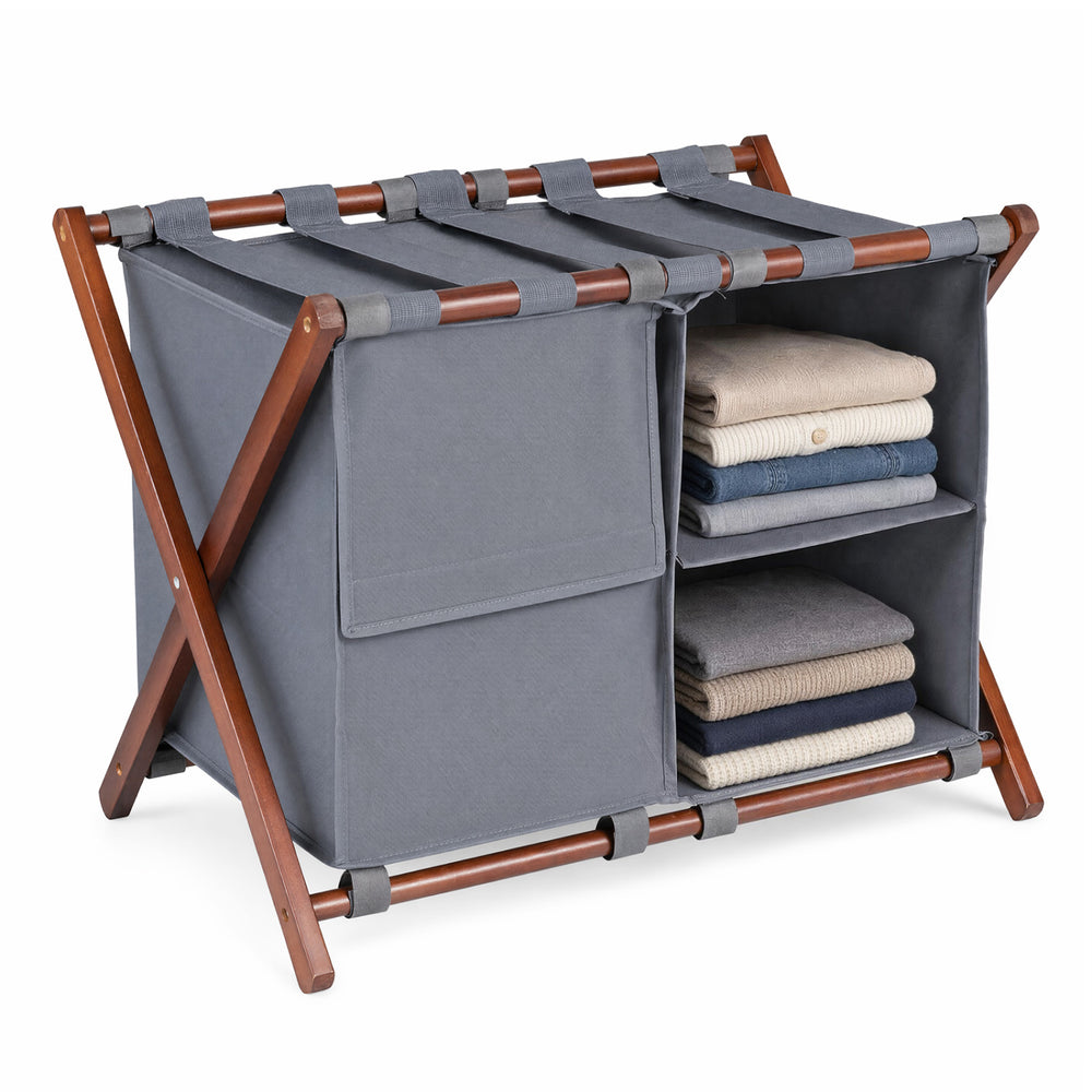 Bamboo luggage rack with 5 nylon straps and grey compartments, perfect for guest room storage and suitcase support.