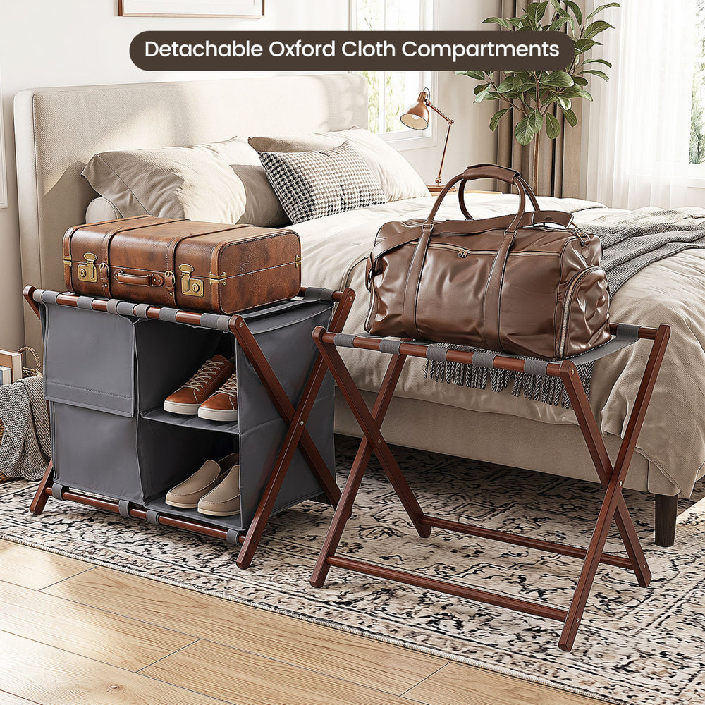 Bamboo luggage rack with grey oxford cloth compartments, featuring 5 nylon straps for holding suitcases and easy access.