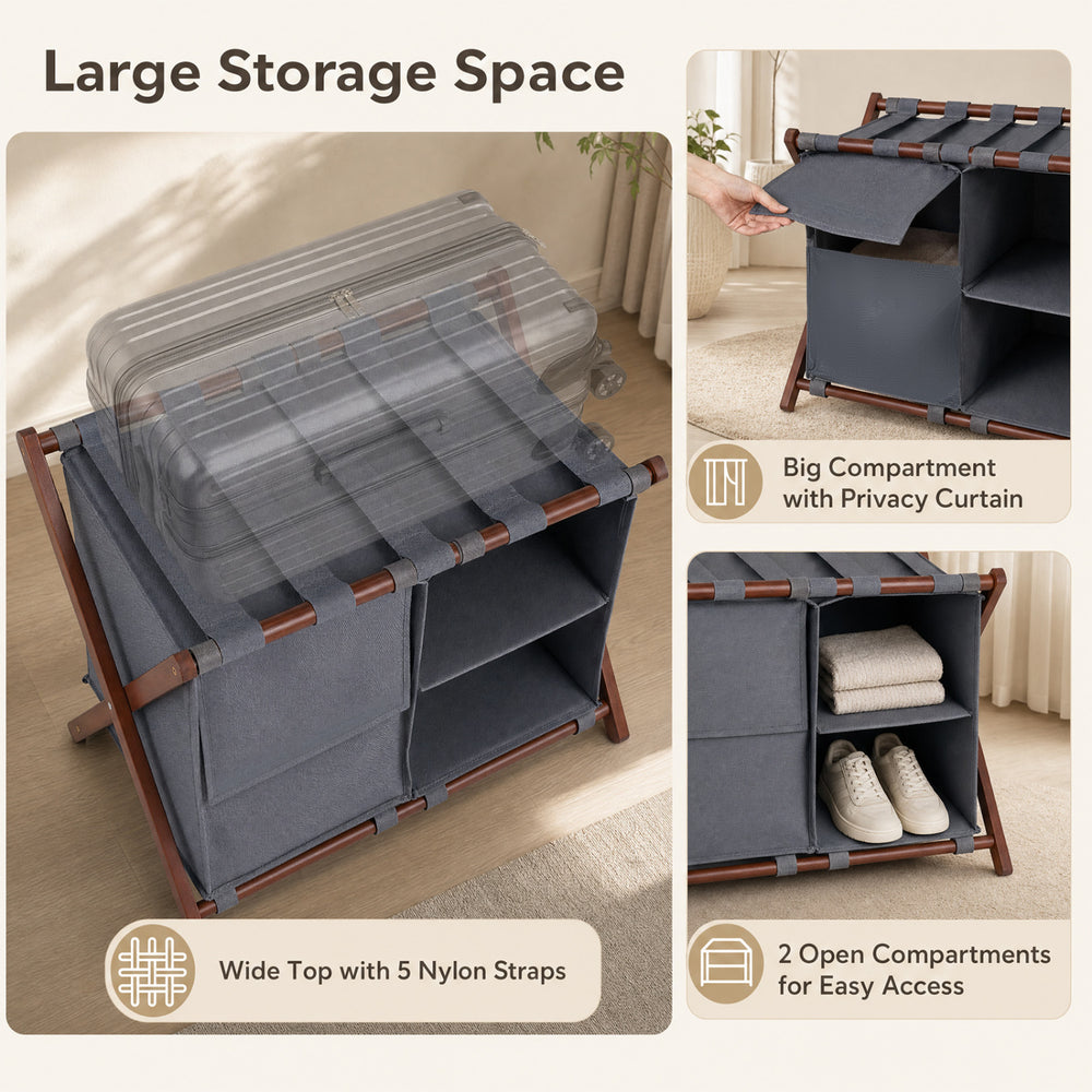 Bamboo luggage rack with 5 nylon straps, featuring a big compartment and 2 open compartments for guest room storage.