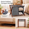 Bamboo luggage rack with five nylon straps and compartments, designed for compact storage in guest rooms or hotels.