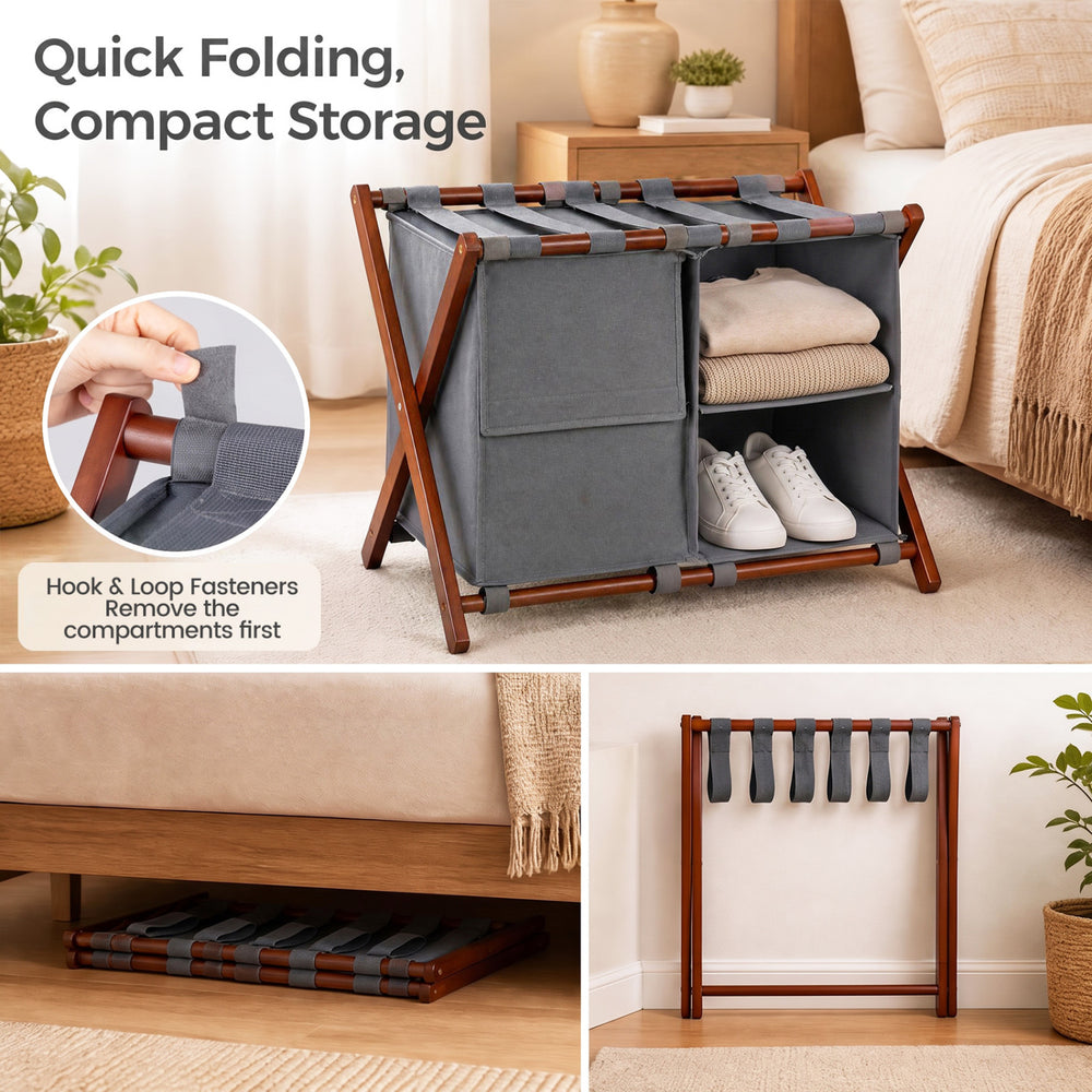 Bamboo luggage rack with five nylon straps and compartments, designed for compact storage in guest rooms or hotels.