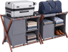 Bamboo luggage rack set of 2 with gray compartments, featuring 5 nylon straps for holding suitcases and easy access.