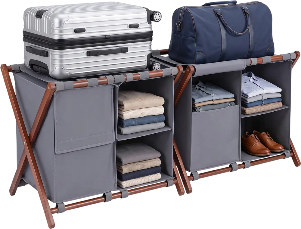 Bamboo luggage rack set of 2 with gray compartments, featuring 5 nylon straps for holding suitcases and easy access.