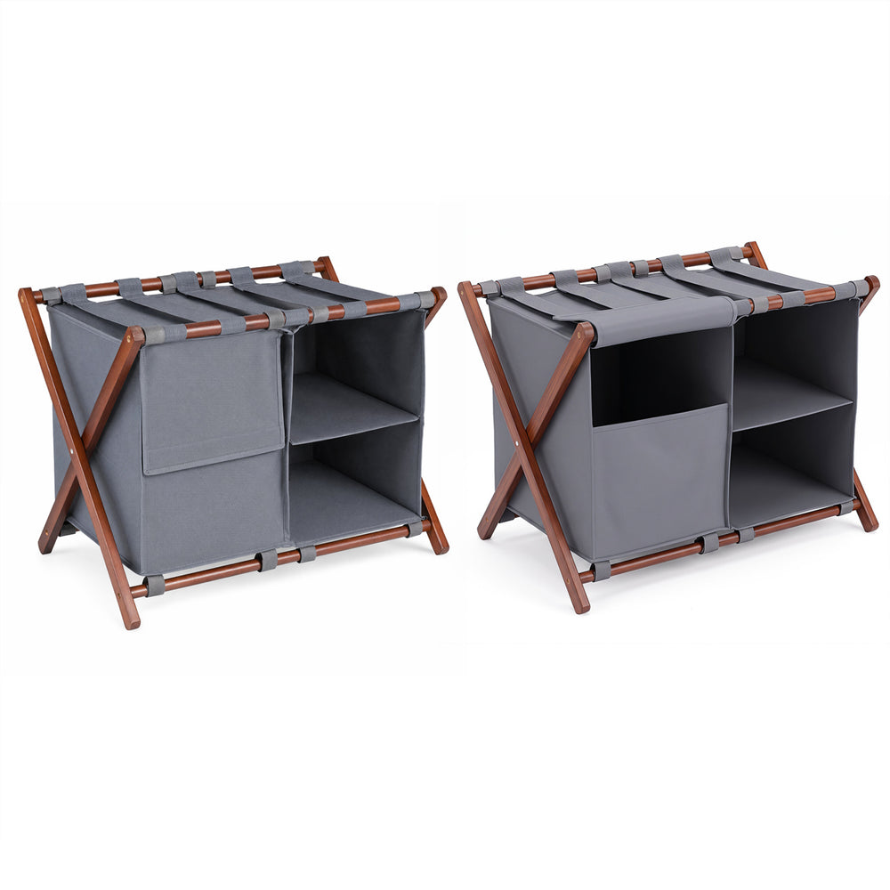 Bamboo luggage rack with gray nylon compartments, featuring five straps and two open sections for easy access and storage.