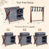 Bamboo luggage rack set of 2 with gray compartments, featuring 5 nylon straps and tool-free setup for easy storage.