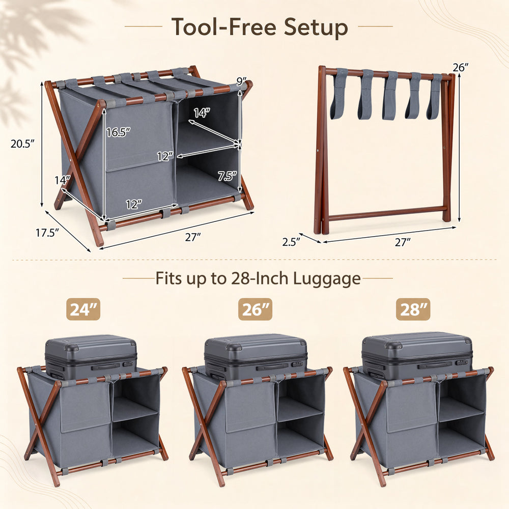 Bamboo luggage rack set of 2 with gray compartments, featuring 5 nylon straps and tool-free setup for easy storage.