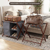 Bamboo luggage rack set of 2 features gray oxford cloth compartments and nylon straps for convenient suitcase storage.