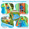 Inflatable water slide features double slides, a climbing wall, and a splash pool for backyard fun and active play.
