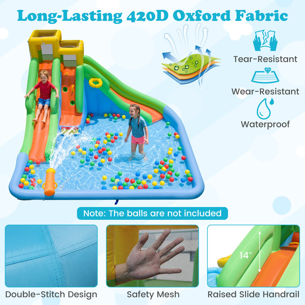 Inflatable water slide for kids featuring double slides, splash pool, and tear-resistant Oxford fabric for backyard fun.