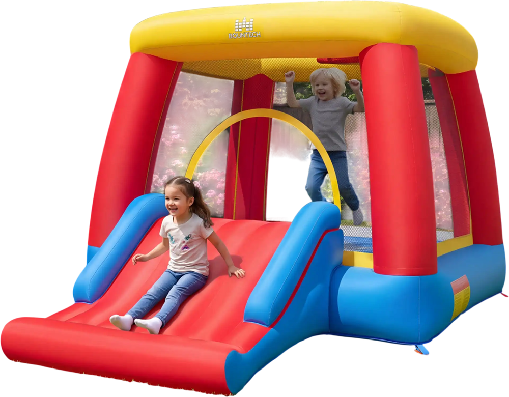 Inflatable bounce house for toddlers featuring a slide, basketball hoop, and protective mesh walls for safe play.