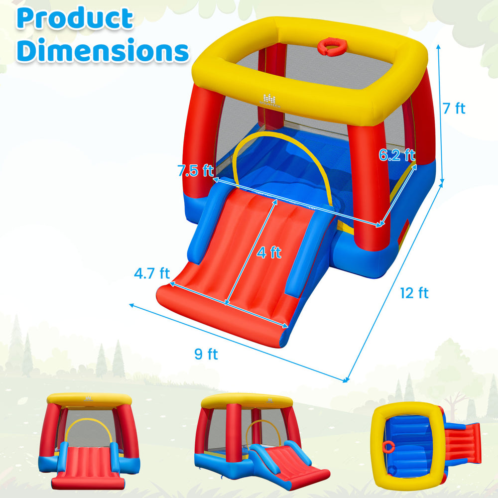 Inflatable bounce house for toddlers featuring a slide, basketball hoop, and protective mesh walls for safety and fun.
