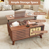 Lift top coffee table with hidden compartment, sliding doors, and dual compartments for stylish living room storage.