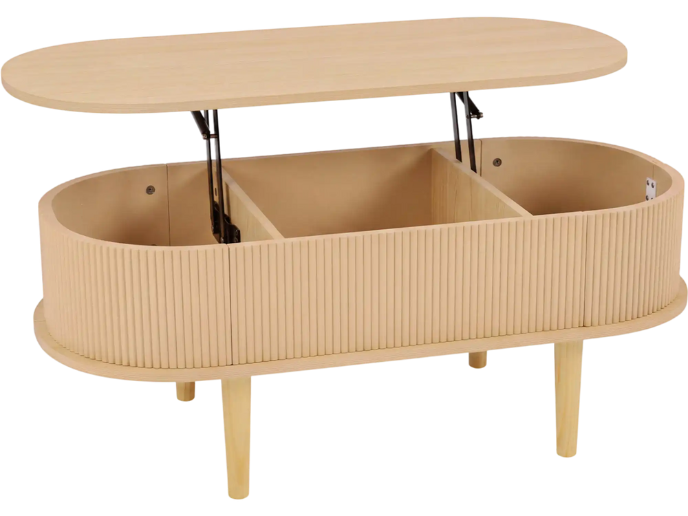 Lift top coffee table with a fluted design and spacious storage compartments, ideal for enhancing mid-century modern living rooms.