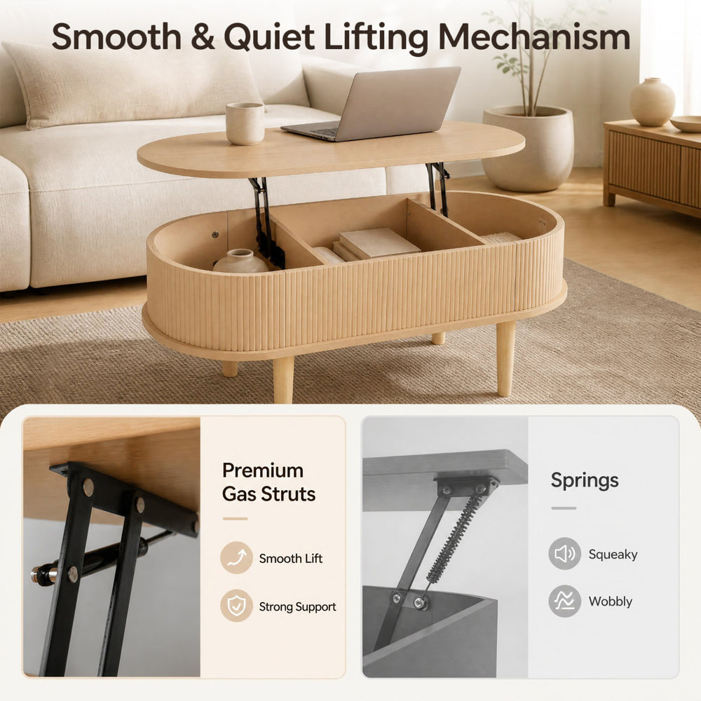 Oval lift top coffee table with storage, fluted design, and premium gas struts for smooth lifting in natural finish.