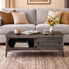 Modern wooden center table in walnut with spacious tabletop and sliding door, perfect for stylish living room organization.