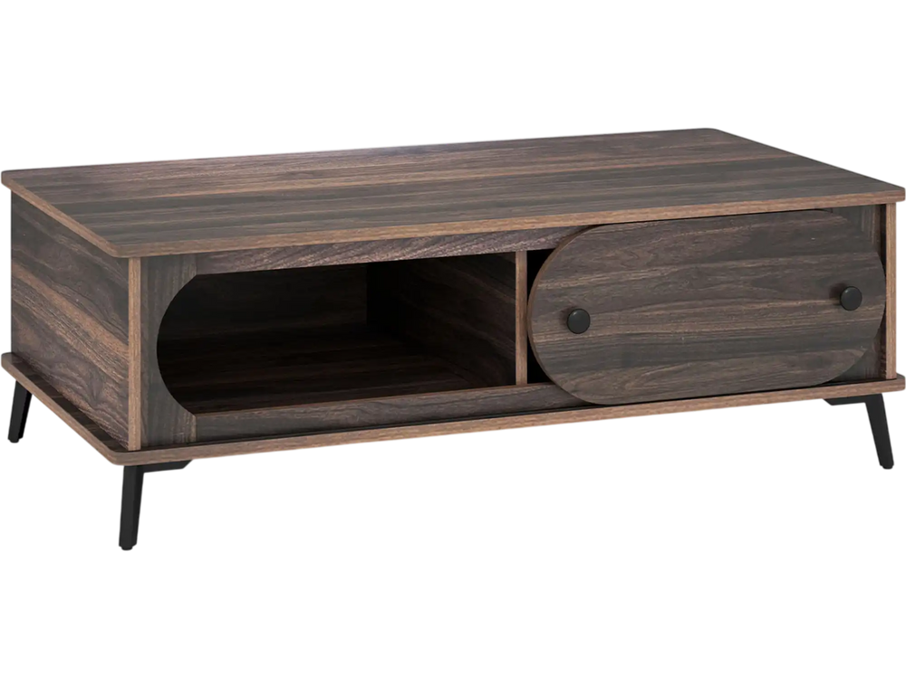 Modern wooden center table in walnut finish with two compartments and sturdy metal legs, perfect for living room storage.