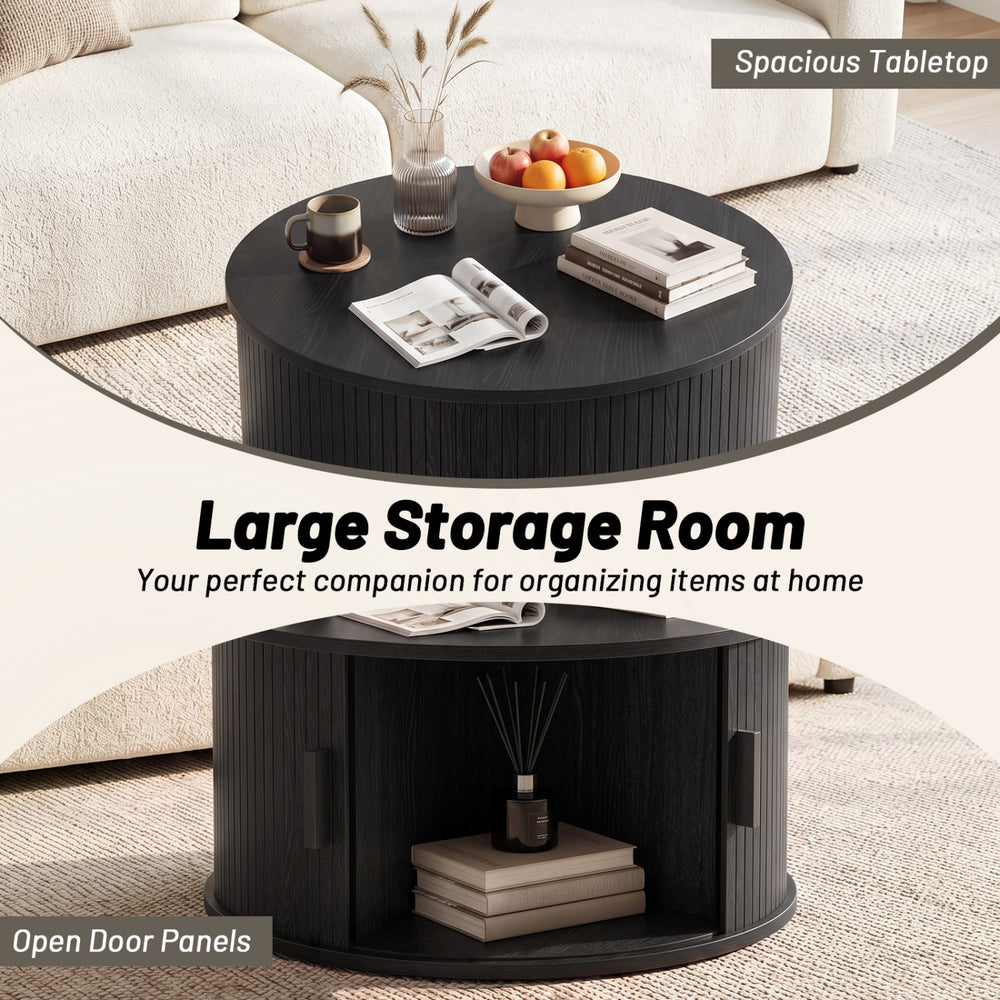 Round black coffee table with large storage room and sliding tambour door, perfect for organizing items in your living room.