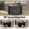 Round black coffee table with storage and 180° sliding tambour door, perfect for organizing living room items.