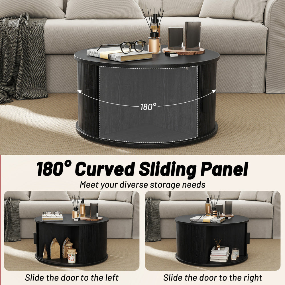Round black coffee table with storage and 180° sliding tambour door, perfect for organizing living room items.