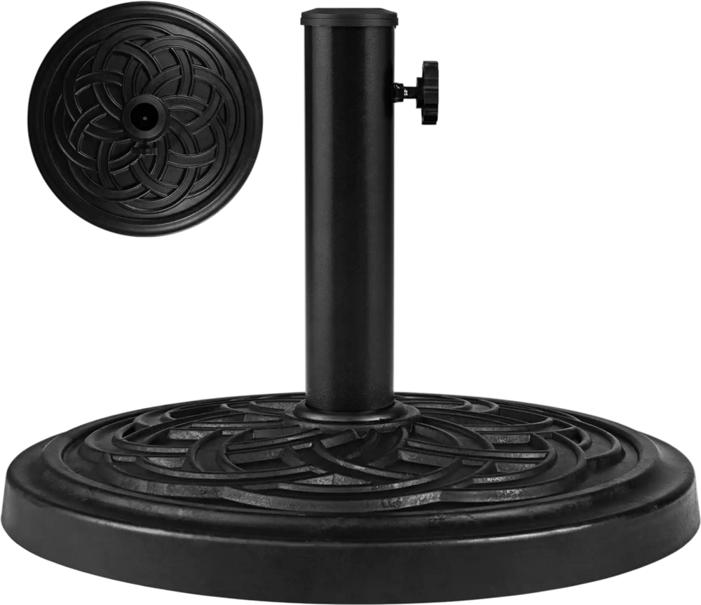 Round umbrella base in black with decorative surface, adjustable knob, and anti-slip pads for stable outdoor placement.