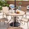Round umbrella base in black, made of weather-resistant resin, fits 1.5" and 1.9" poles for stable outdoor use.