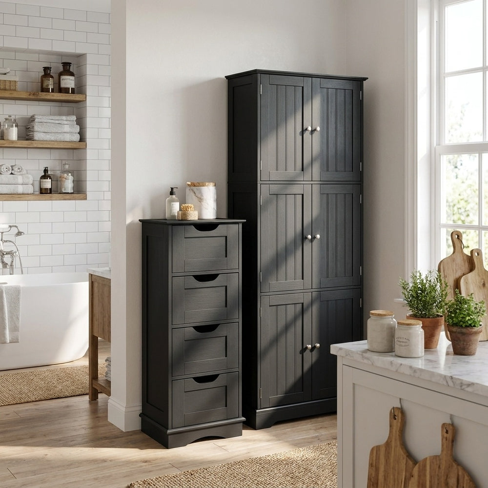 Bathroom Cabinet Set with 6-Door Tall Cabinet and 4-Drawer Cabinet-Black - Gallery View 1 of 9