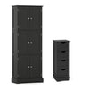 Black bathroom cabinet set featuring a 6-door tall cabinet and a 4-drawer cabinet, ideal for compact storage solutions.