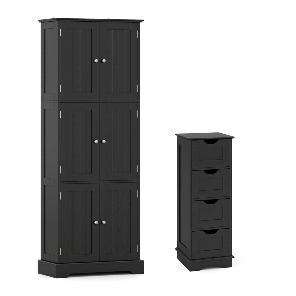 Black bathroom cabinet set featuring a 6-door tall cabinet and a 4-drawer cabinet, ideal for compact storage solutions.