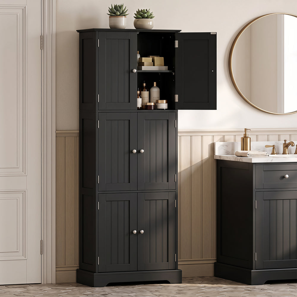 Tall black bathroom cabinet set featuring 6 doors and 4 drawers, designed for ample storage in limited spaces.