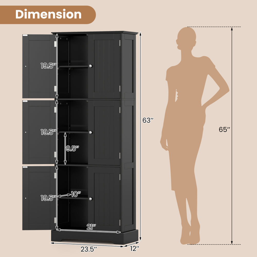 Tall black bathroom cabinet set featuring 6 doors and 4 drawers, designed for ample storage in compact spaces.