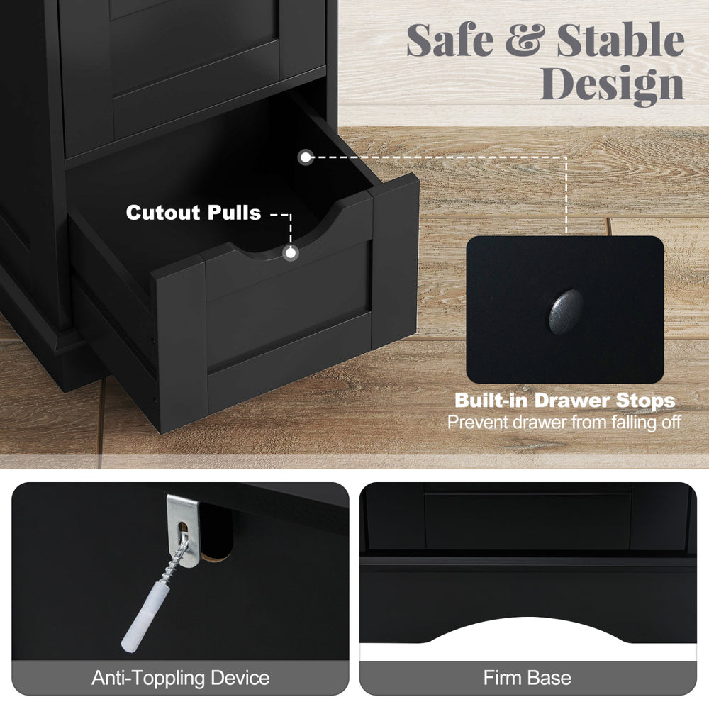Black bathroom cabinet set featuring a 6-door tall cabinet and 4 drawers with built-in drawer stops for enhanced safety.