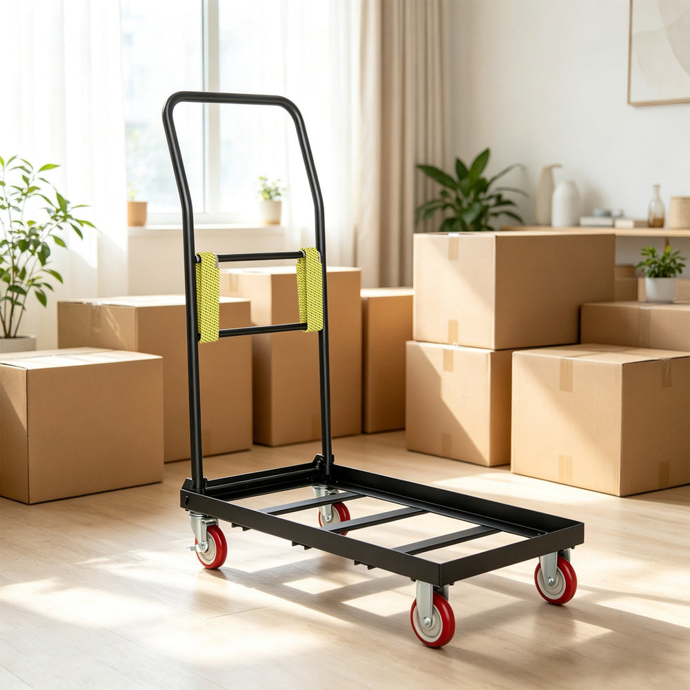 Folding hand truck with a 800 lbs capacity, featuring a sturdy frame and four wheels for easy transport of items.
