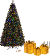 7ft artificial Christmas tree, 60" smart WiFi electric fireplace, and 3 lighted gift boxes create a festive living room.