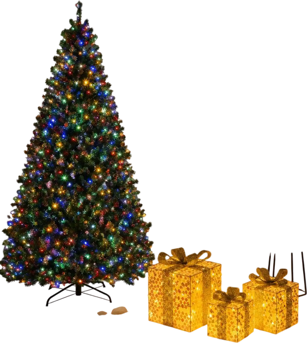 7ft artificial Christmas tree, 60" smart WiFi electric fireplace, and 3 lighted gift boxes create a festive living room.