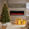 Complete holiday living room decor set featuring a 60" smart WiFi electric fireplace, 7ft Christmas tree, and lighted gift boxes.