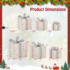 Product dimensions for three lighted gift boxes, featuring pink and silver design, perfect for holiday decor.