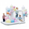 Inflatable bounce house featuring a jumping area, slide, and basketball hoop, perfect for wedding and birthday parties.