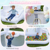 Inflatable bounce house featuring a smooth slide, jumping area, basketball hoop, and colorful ball pit for parties.
