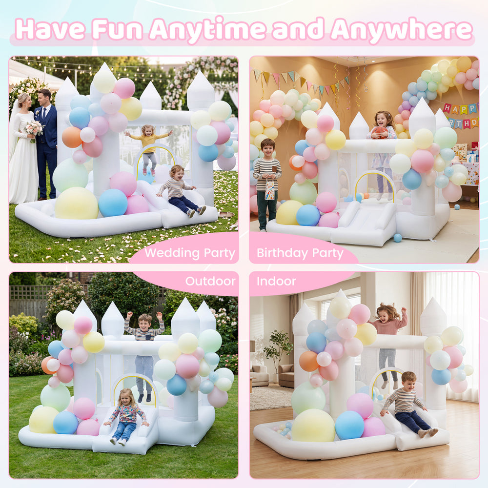 Inflatable bounce house with colorful balloons features a jumping area, slide, and basketball hoop for outdoor fun.